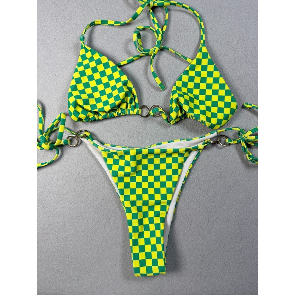 Green Yellow Checkered String Bikini Set Triangle Padded Top Medium